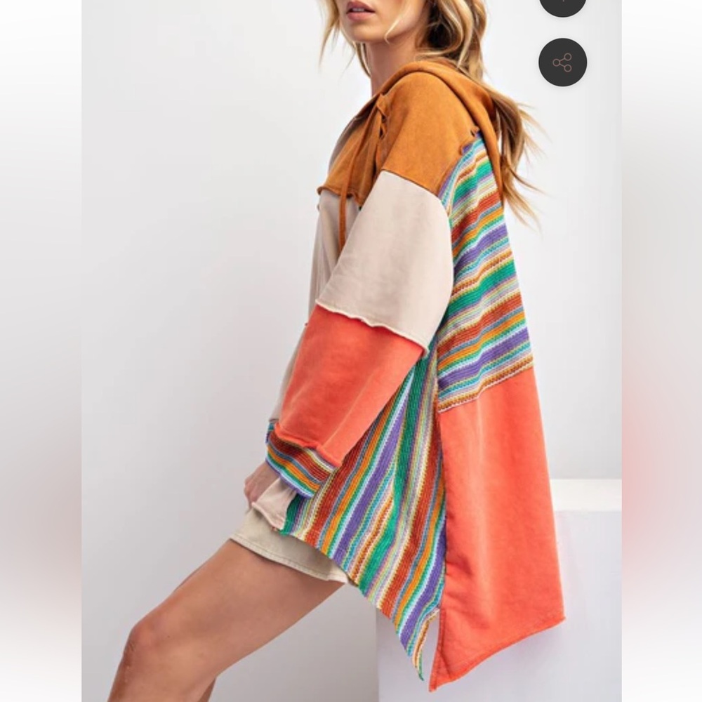 easel Multicolor Striped Hooded Sweatshirt with Tan and Orange Panels - Picture 4 of 7
